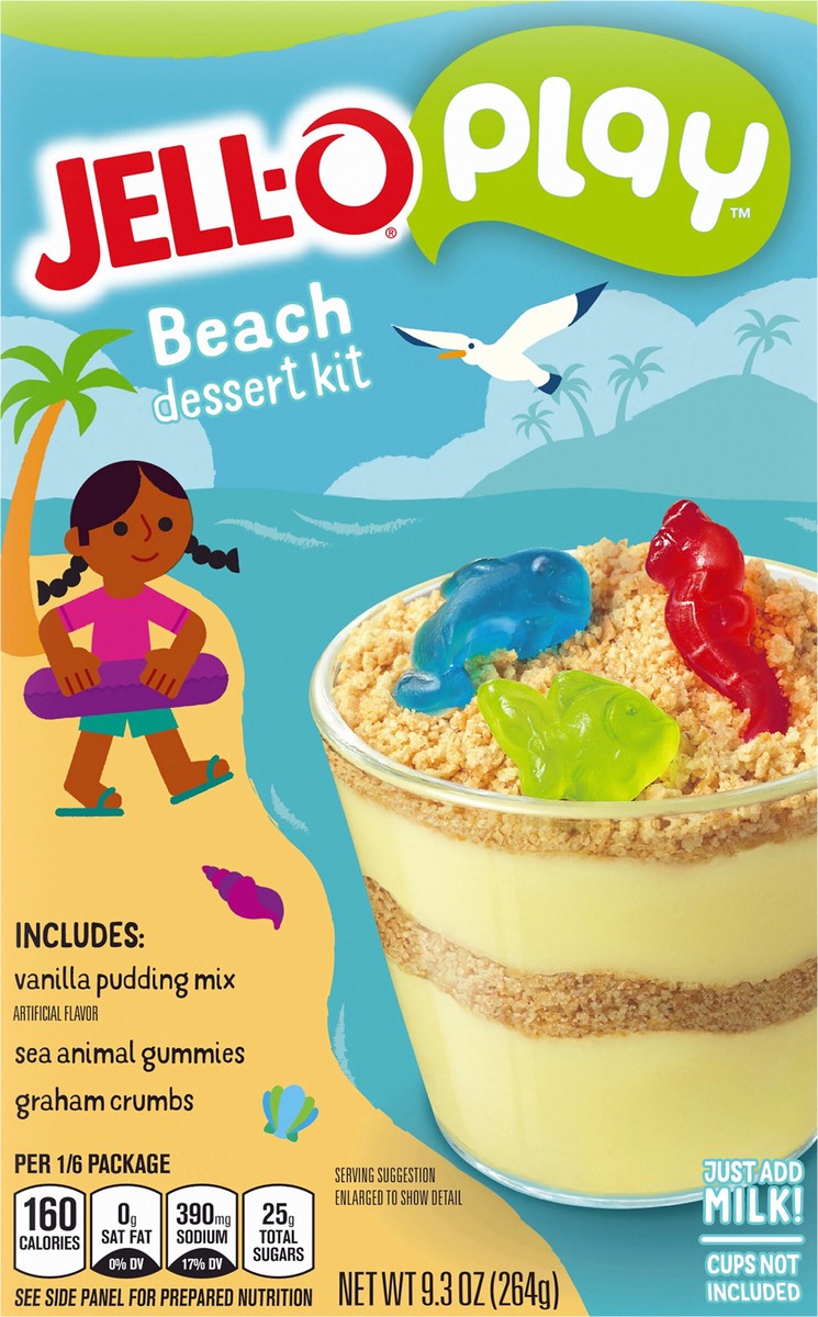 slide 7 of 14, Jell-O Play Beach Dessert Kit with Vanilla Pudding Mix, Sea Animal Gummies & Graham Crumbs, 9.3 oz Box, 9.3 oz