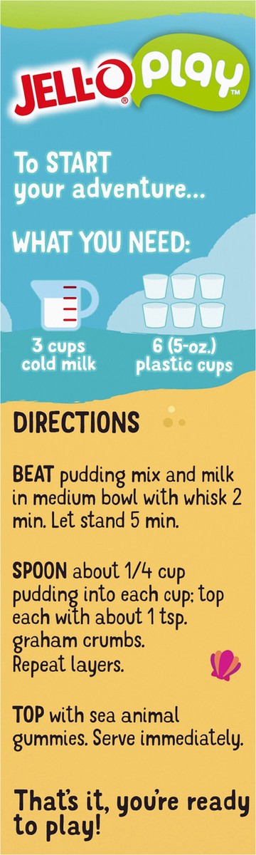 slide 8 of 14, Jell-O Play Beach Dessert Kit with Vanilla Pudding Mix, Sea Animal Gummies & Graham Crumbs, 9.3 oz Box, 9.3 oz