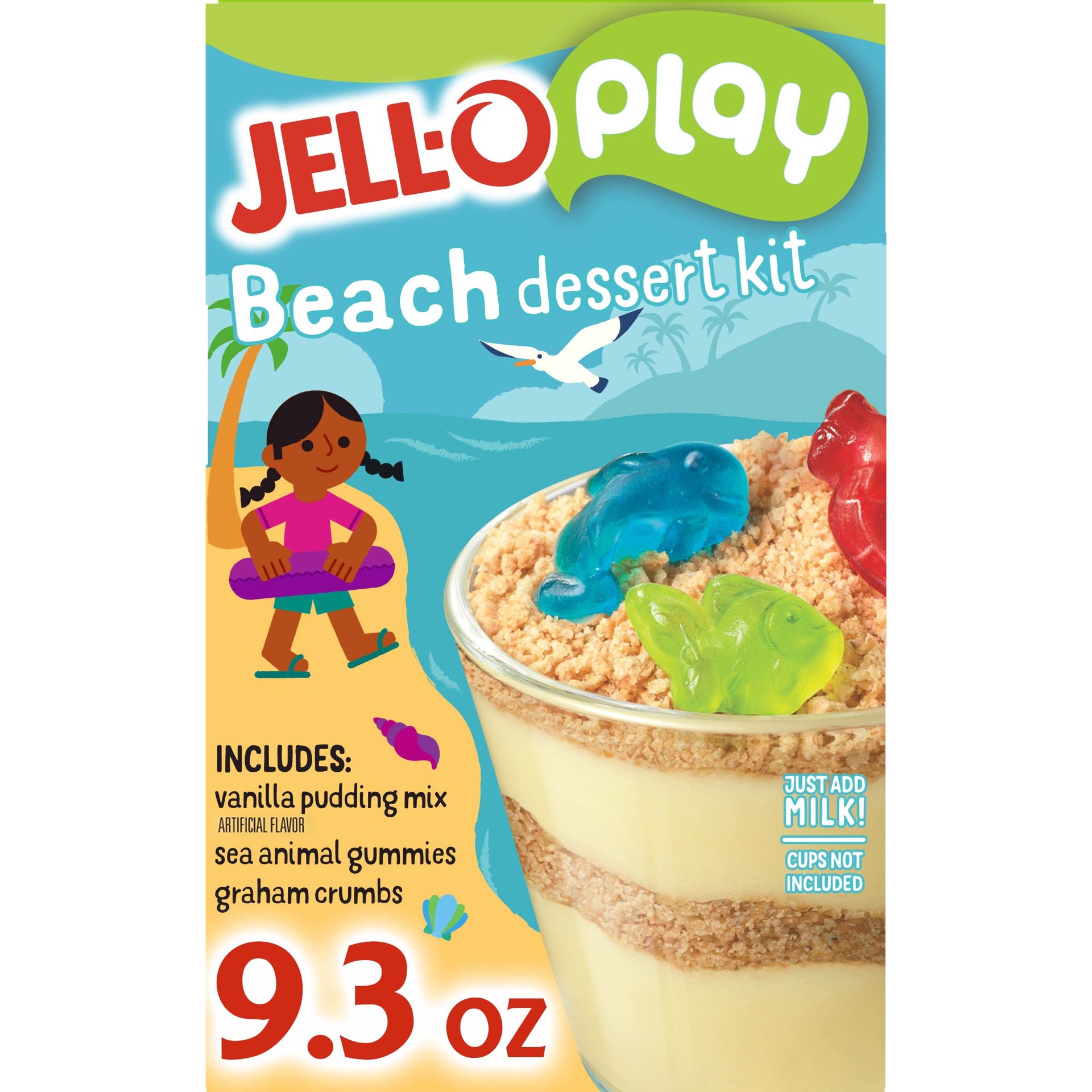 slide 1 of 14, Jell-O Play Beach Dessert Kit with Vanilla Pudding Mix, Sea Animal Gummies & Graham Crumbs, 9.3 oz Box, 9.3 oz