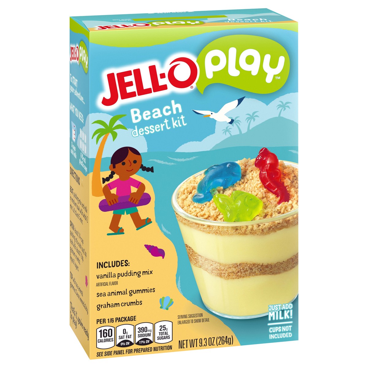 slide 9 of 14, Jell-O Play Beach Dessert Kit with Vanilla Pudding Mix, Sea Animal Gummies & Graham Crumbs, 9.3 oz Box, 9.3 oz