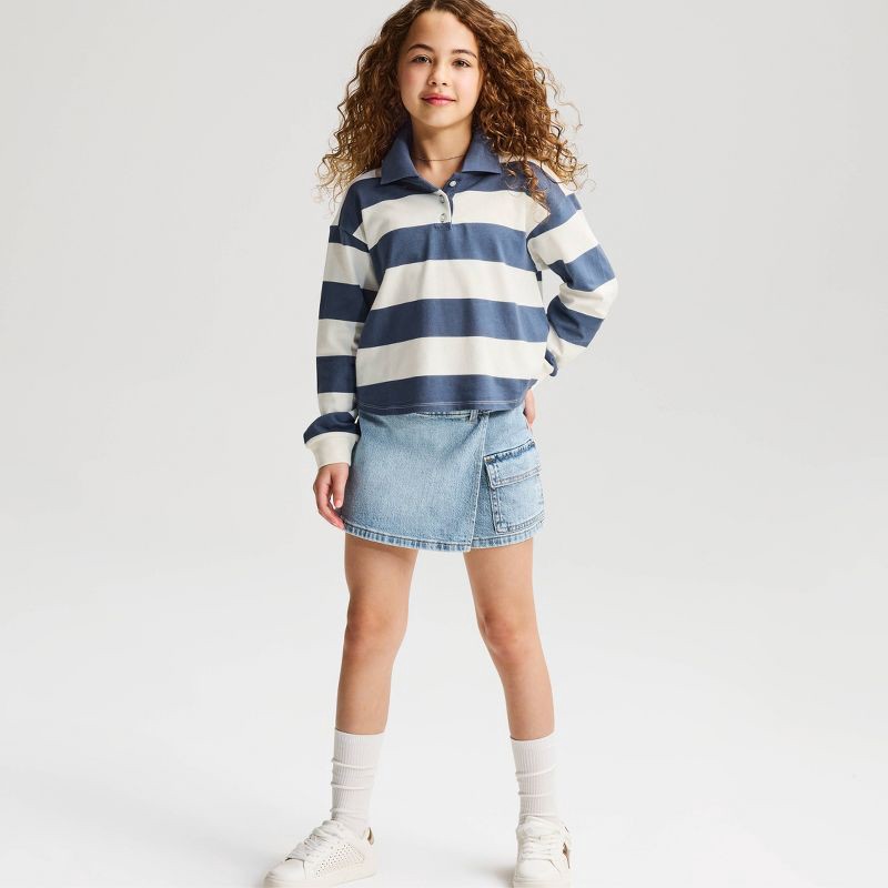 slide 1 of 3, Girls' Long Sleeve Rugby Striped T-Shirt - Cat & Jack™ Blue/Cream M, MED