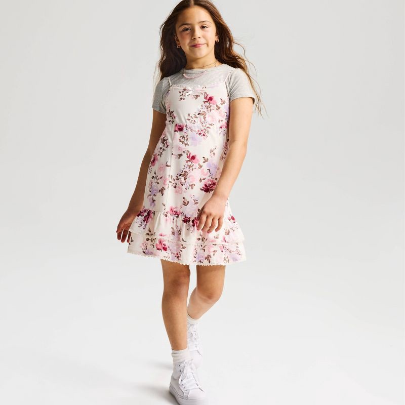 slide 1 of 4, Girls' Drop Waist Floral Printed Dress - Cat & Jack™ Cream M, 1 ct