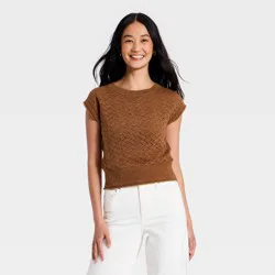 Women's Cap Sleeve Pointelle Crewneck Pullover Sweater - Universal Thread™ Brown L