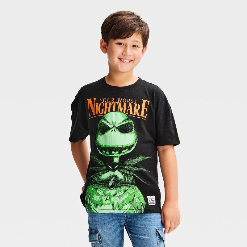 slide 1 of 4, Boys' Disney The Nightmare Before Christmas Short Sleeve Glow in the Dark Halloween Graphic T-Shirt - Black L, LG