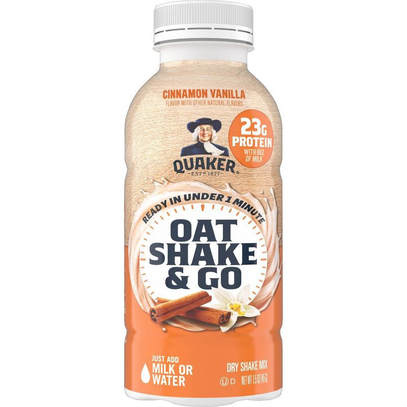slide 1 of 7, Quaker Oat Shake & Go, 23g Protein with Milk, Cinnamon Vanilla 1.5 oz, 1.5 oz