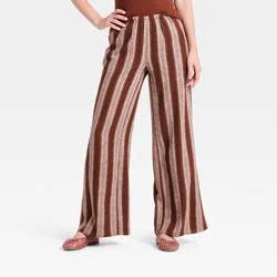 Women's Essential Linen Pull-On Pants - A New Day™ Brown Striped XS