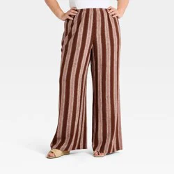 Women's Essential Linen Pull-On Pants - A New Day™ Brown Striped XXL