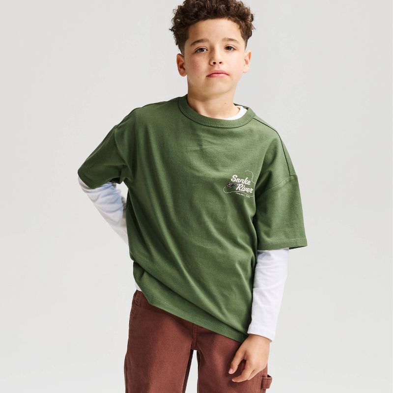 slide 1 of 4, Boys' Short Sleeve 100% Cotton Fish Oversized Graphic T-Shirt - Cat & Jack™ Moss Green M, 1 ct
