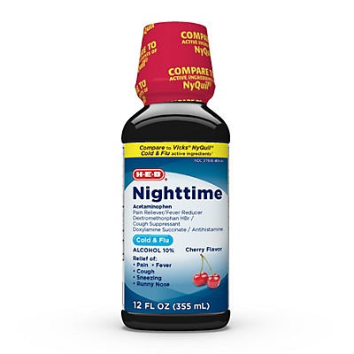 slide 1 of 1, H-E-B Night Time Cold And Flu Multi-symptom Relief Cherry Flavor, 12 oz