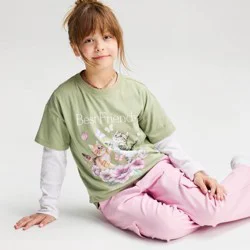 Girls' Short Sleeve 100% Cotton 'Kitten Best Friends' Oversized Graphic T-Shirt - Cat & Jack™ Olive Green L