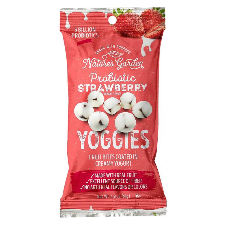 slide 1 of 5, Nature's Garden Snacks Probiotic Yoggies Strawberry Fruit Snacks Bag - 1.8oz, 1.8 oz