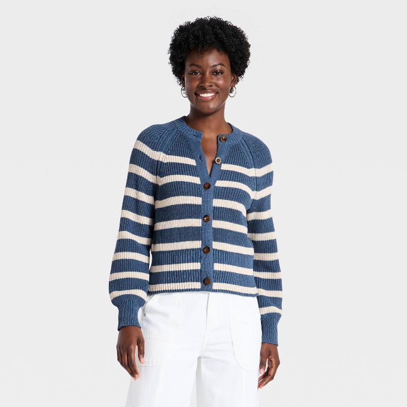 slide 1 of 3, Women's Iconic Cotton Cardigan - Universal Thread™ Blue Striped S, SM