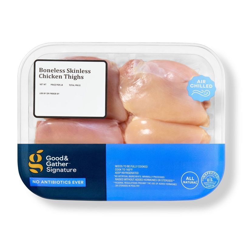 slide 1 of 4, No Antibiotics Ever Air Chilled Boneless Skinless Chicken Thighs - 0.75-1.90lbs- price per lb - Good & Gather™, per lb