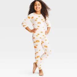 Girls' Halloween Pumpkin Printed Tight Fit Snuggly Soft 2pc Pajama Set - Cat & Jack™ Cream 10