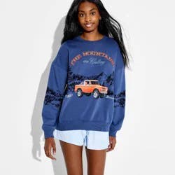 Ford Women's Crewneck Bronco Mountains Graphic Pullover Sweatshirt - Navy Blue L