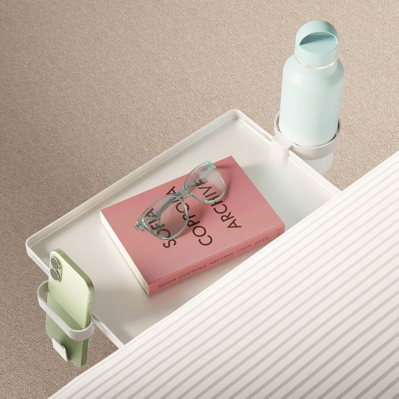 slide 1 of 4, Smallish Clip-On Bedside Shelf for Dorm Rooms – Space – Saving Storage Tray with Cup & Phone Holders – White, 1 ct