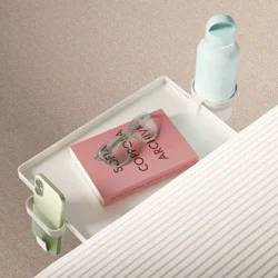 Smallish Clip-On Bedside Shelf for Dorm Rooms – Space – Saving Storage Tray with Cup & Phone Holders – White