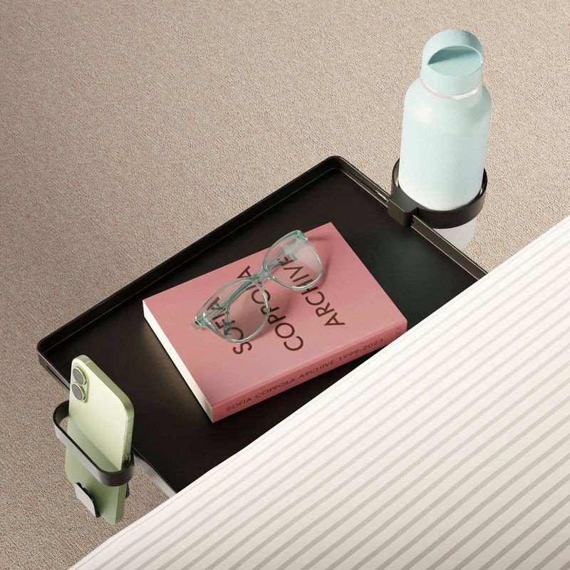 slide 1 of 4, Smallish Clip-On Bedside Shelf for Dorm Rooms – Space – Saving Storage Tray with Cup & Phone Holders – Black, 1 ct