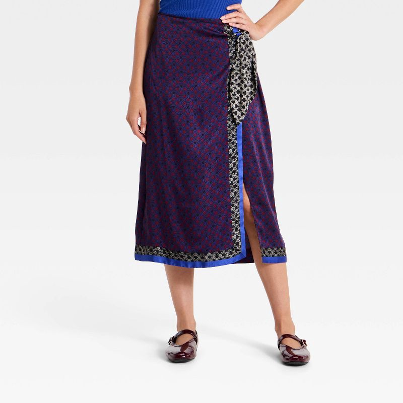 slide 1 of 3, Women's Satin Wrap Midi Skirt - A New Day™ Blue M, MED
