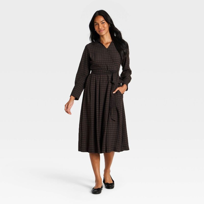 slide 1 of 3, Women's Long Sleeve Tie-Waist Midi Dress - A New Day™ Brown Gingham M, MED