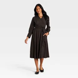Women's Long Sleeve Tie-Waist Midi Dress - A New Day™ Brown Gingham L