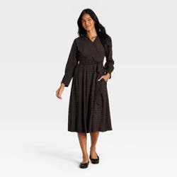 Women's Long Sleeve Tie-Waist Midi Dress - A New Day™ Brown Gingham L
