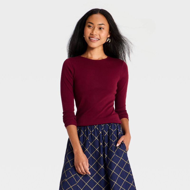 slide 1 of 4, Women's Refined Ribbed Top - A New Day™ Burgundy L, LG