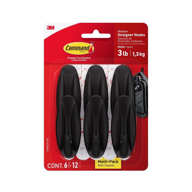 slide 1 of 6, Command 6pk Damage-Free Hanging Designer Hooks with 12 Adhesive Strips, 6 ct