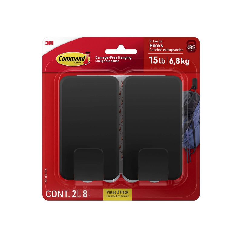 slide 1 of 1, Command 2pk Damage-Free Hanging 15lb X-Large Hooks with 8 Adhesive Strips Black, 2 ct, 15 lb