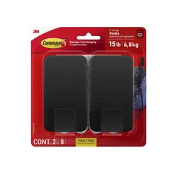 Command 2pk Damage-Free Hanging 15lb X-Large Hooks with 8 Adhesive Strips Black
