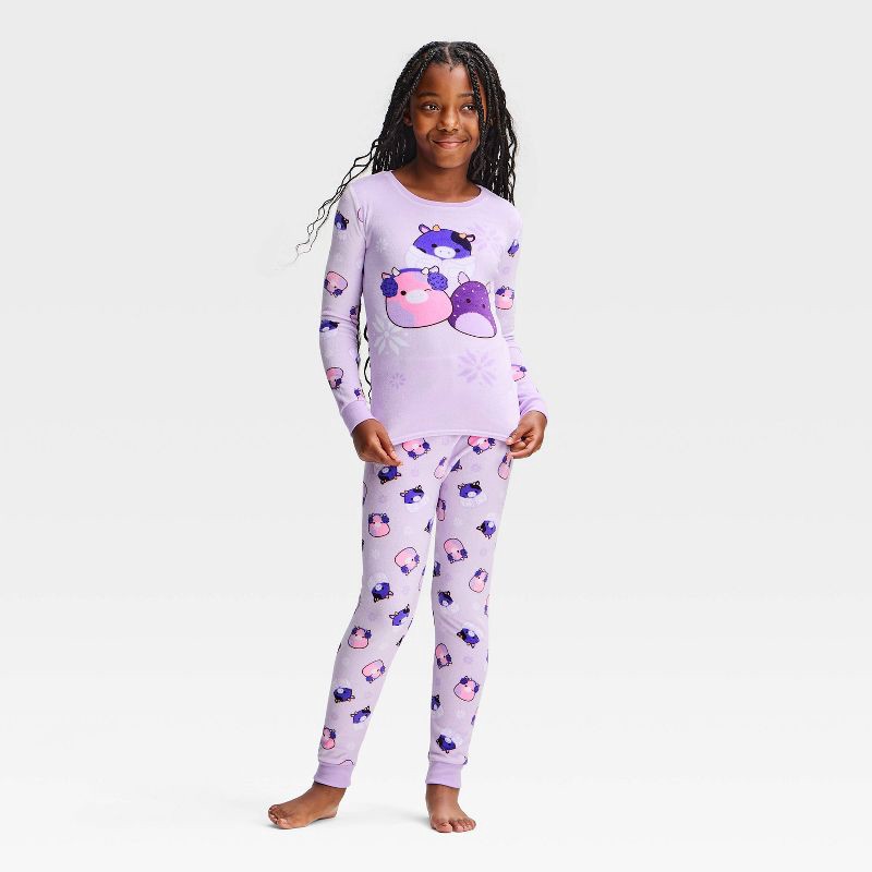 slide 1 of 4, Girls' Squishmallows Holiday Snuggly Soft Snug Fit Long Sleeve and Pants 2pc Pajama Set - Lavender 8, 2 ct