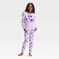 Girls' Squishmallows Holiday Snuggly Soft Snug Fit Long Sleeve and Pants 2pc Pajama Set - Lavender 8