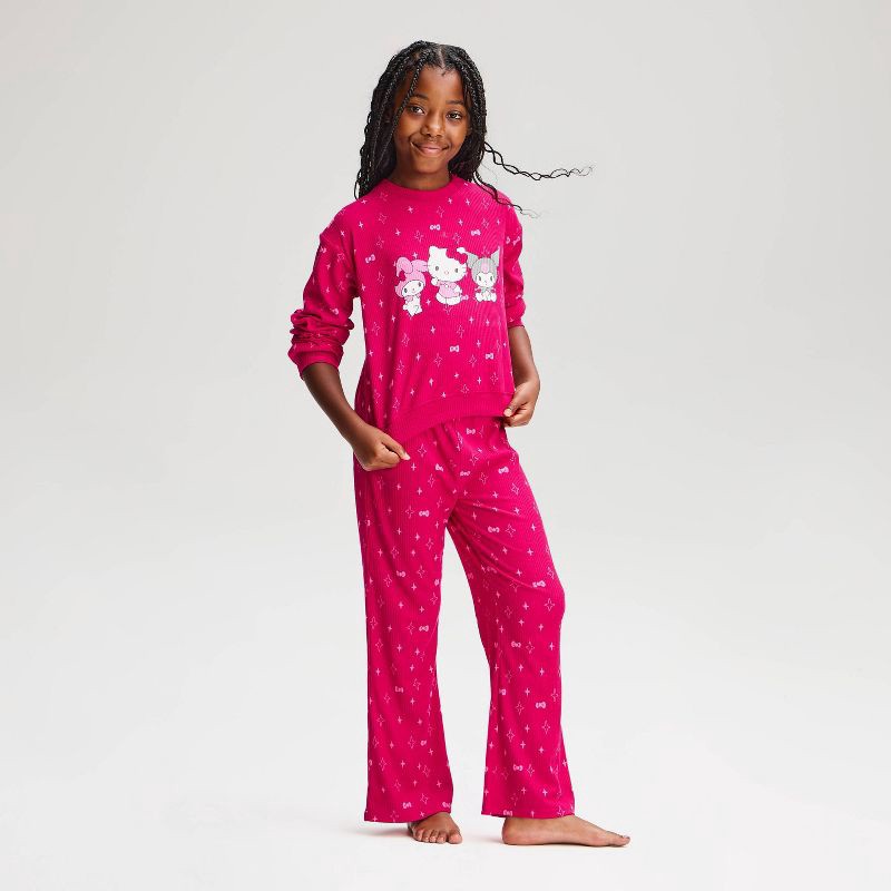 slide 1 of 4, Girls' Hello Kitty and Friends Long Sleeve and Pants 2pc Pajama Set - Dark Pink M, 2 ct