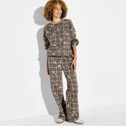 Grayson Threads Women's Crewneck Plaid Skulls Graphic Pullover Sweatshirt - Brown M