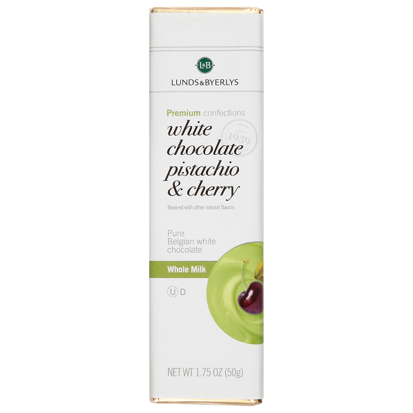 slide 1 of 1, L&B  Pure White Chocolate Pistachio & Cherry Bar, 1.75 oz