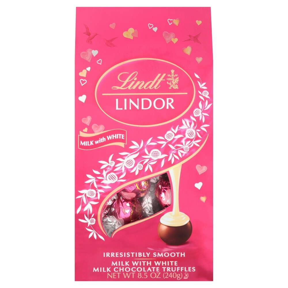 slide 1 of 1, Lindt Lindor Valentine Milk White Chocolate Truffles, 8.5 oz