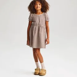 Girls' Puff Short Sleeve Gingham Dress - Cat & Jack™ Brown M