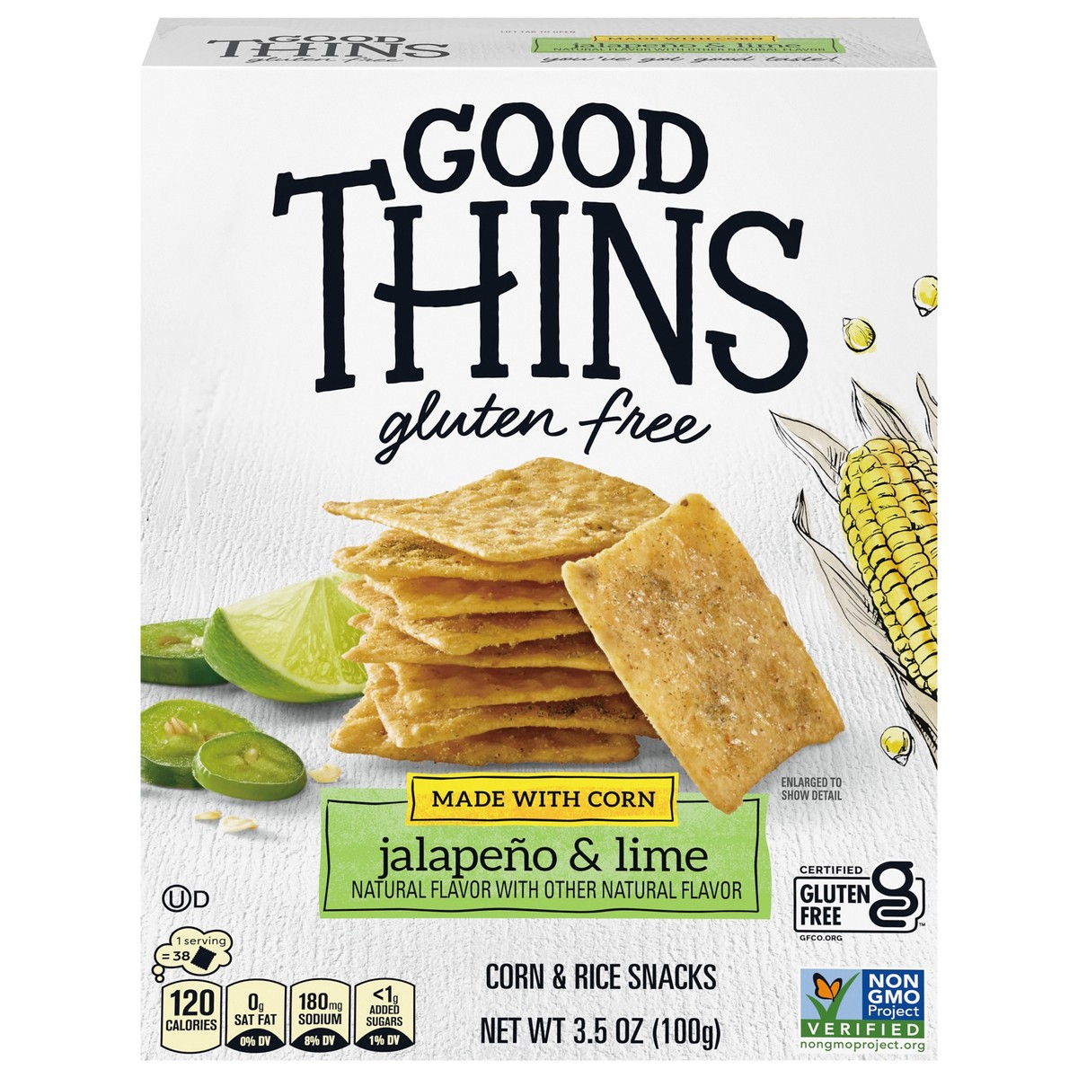 slide 1 of 9, GOOD THiNS Jalapeño & Lime Corn & Rice Snacks Gluten Free Crackers, 3.5 oz, 3.5 oz