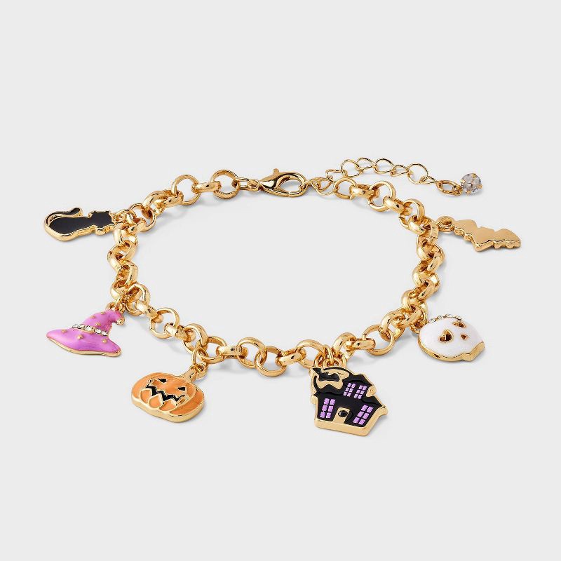 slide 1 of 4, Halloween Mixed Spooky Charm Bracelet - Gold/Black, 1 ct