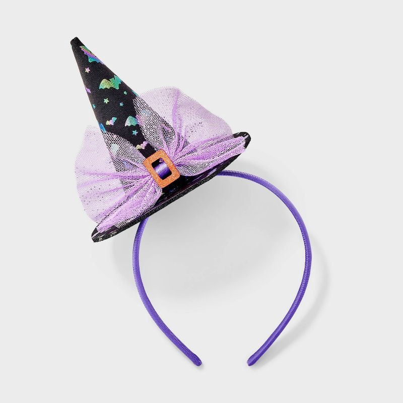 slide 1 of 3, Halloween Rainbow Bats with Bow Witch Hat Topper Headband - Black/Purple, 1 ct