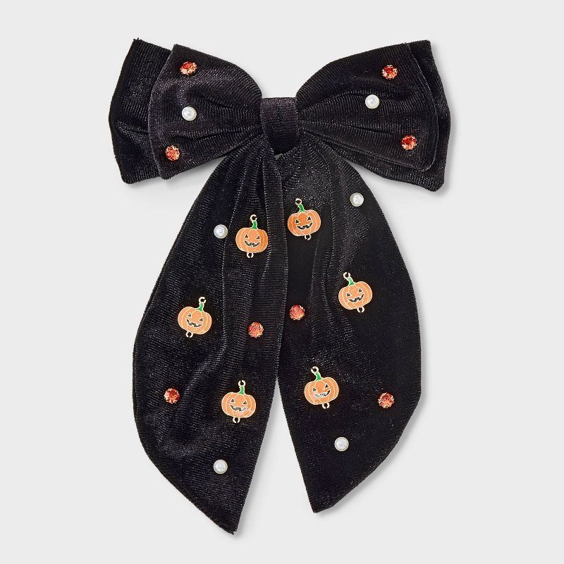 slide 1 of 3, Halloween Pearl & Gem Jack-O-Lantern Embellished Hair Bow - Black, 1 ct