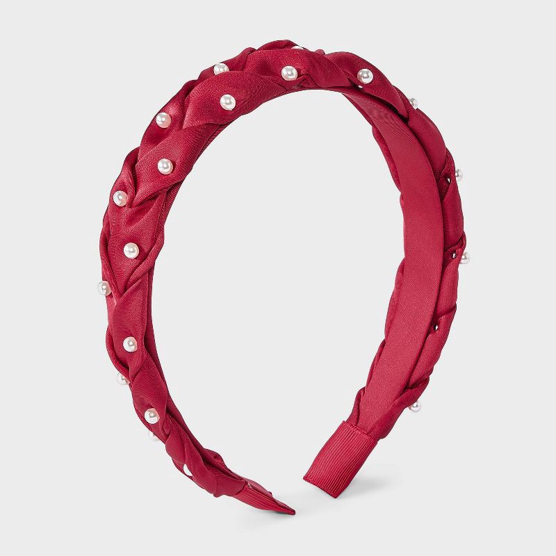 slide 1 of 3, Girls' Braided Satin Headband with Pearl Embellishment - Cat & Jack™ Red, 1 ct
