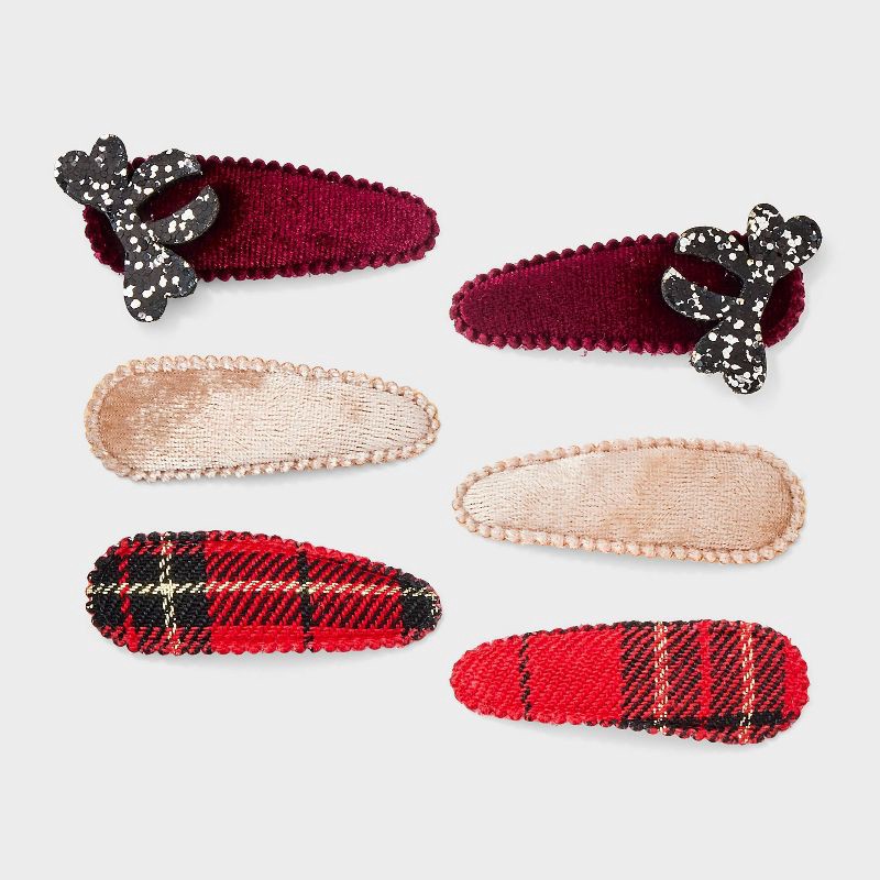 slide 1 of 3, Girls' Velvet Plaid Snap Hair Clips with Bow Icon 6ct - Cat & Jack™ Red/Tan, 6 ct