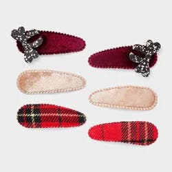 Girls' Velvet Plaid Snap Hair Clips with Bow Icon 6ct - Cat & Jack™ Red/Tan