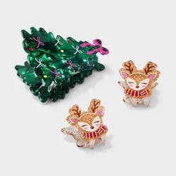 Girls' Christmas Deer and Tree Hair Clips 3pc - Cat & Jack™ Brown/Green