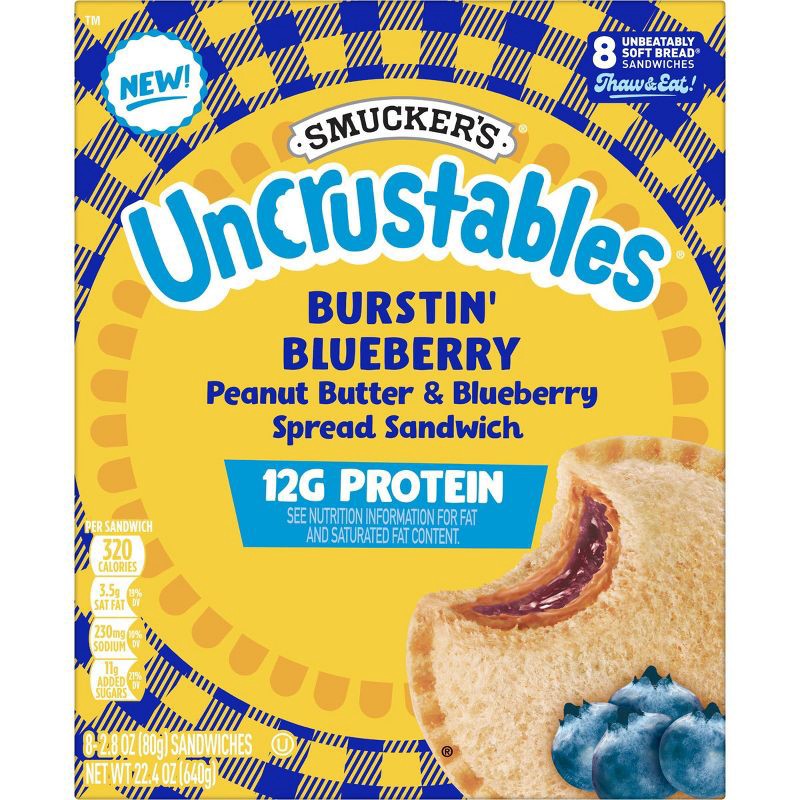 slide 1 of 7, Smucker's Uncrustables Frozen Peanut Butter & Blueberry Sandwich - 22.4oz/8ct, 22.4 oz, 8 ct