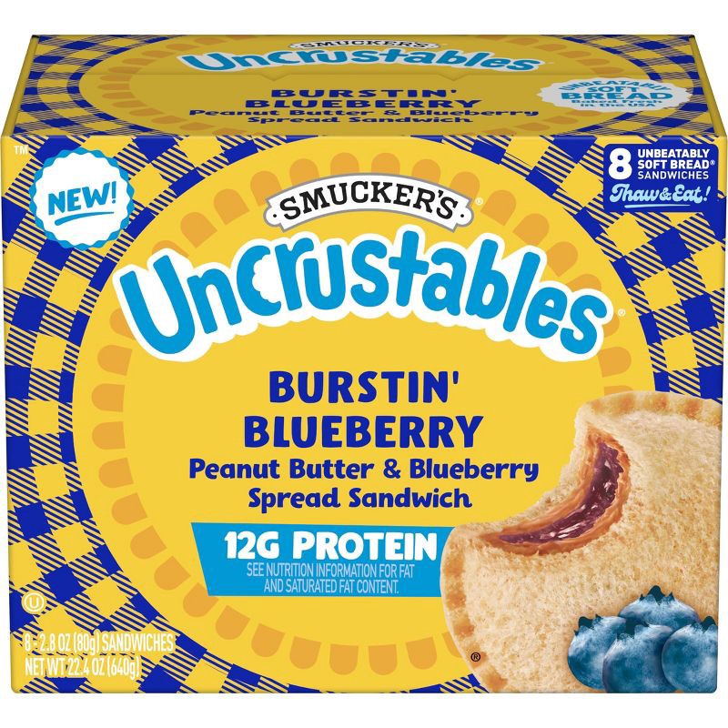 slide 1 of 12, Smucker's Uncrustables Frozen Peanut Butter & Blueberry Sandwich - 22.4oz/8ct, 22.4 oz, 8 ct