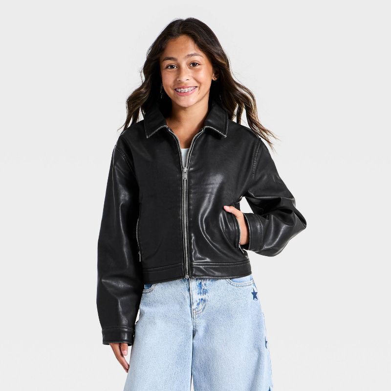 slide 1 of 3, Girls' Faux Leather Bomber Jacket - art class™ Black L, LG