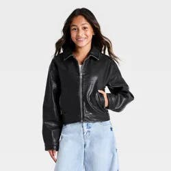 Girls' Faux Leather Bomber Jacket - art class™ Black L