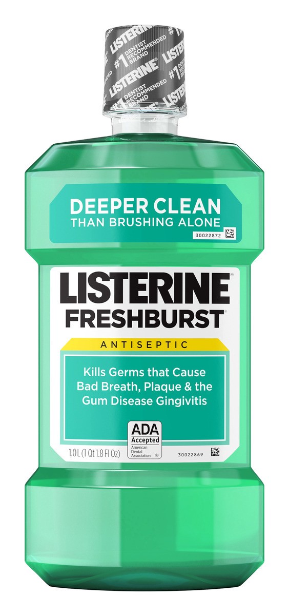 slide 1 of 6, Listerine Freshburst Antiseptic Mouthwash for Bad Breath, Kills 99% of Germs that Cause Bad Breath & Fight Plaque & Gingivitis, ADA Accepted Mouthwash, Spearmint, 1 L, 1 liter